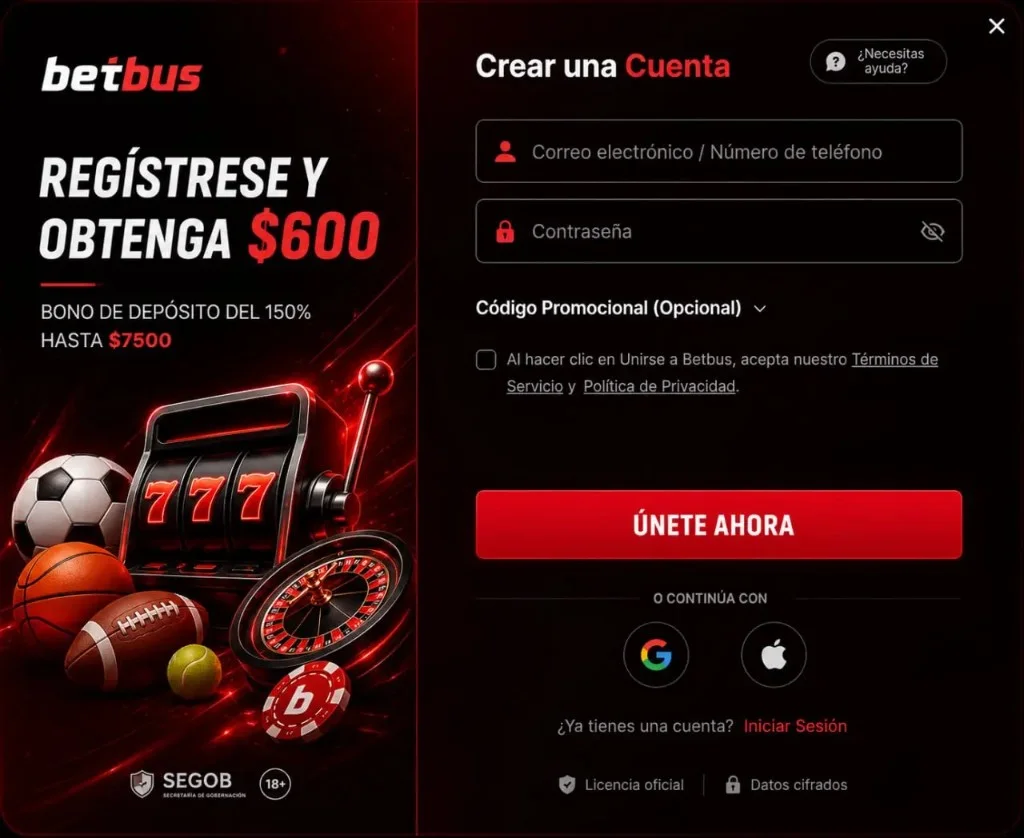 Betbus: registrese y obtenga bono de deposito, crear una cuenta, correo o telefono, contrasena, unete ahora; inicio de sesion. Juego responsable.