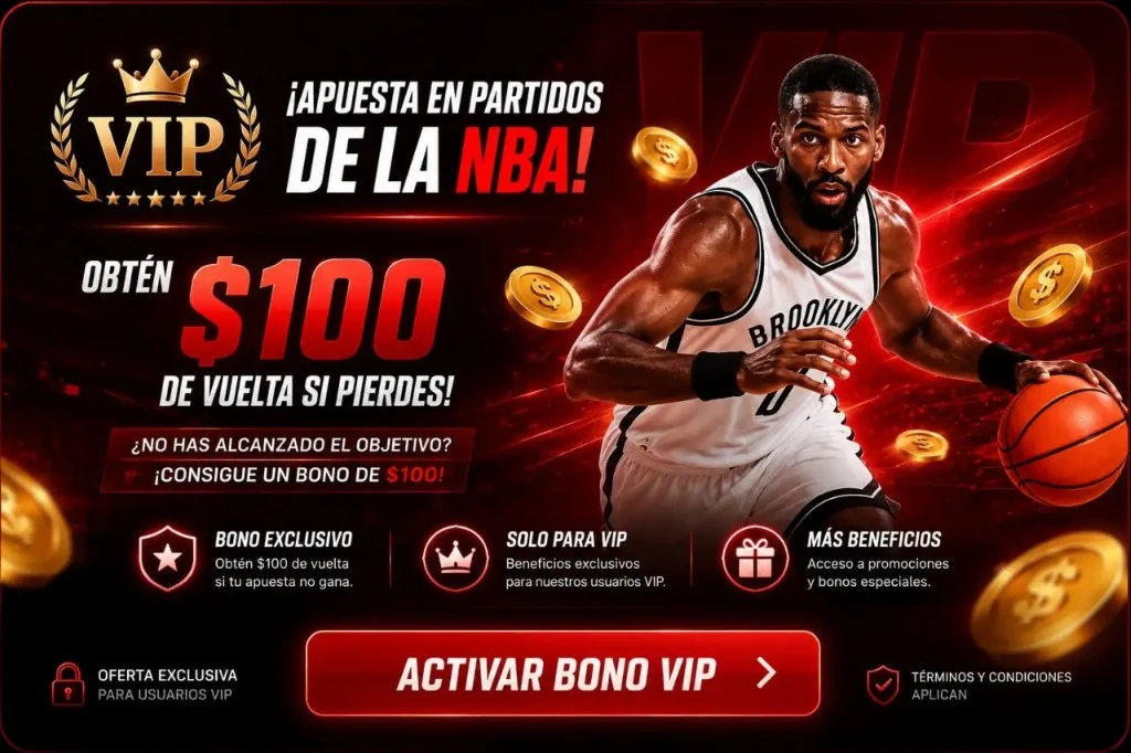 Bono VIP Betbus NBA: apuesta en partidos de la NBA y obten $100 de vuelta si pierdes. Activar bono VIP.